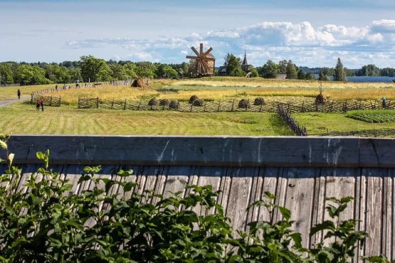 Windmill and open fields on Kizhi Island