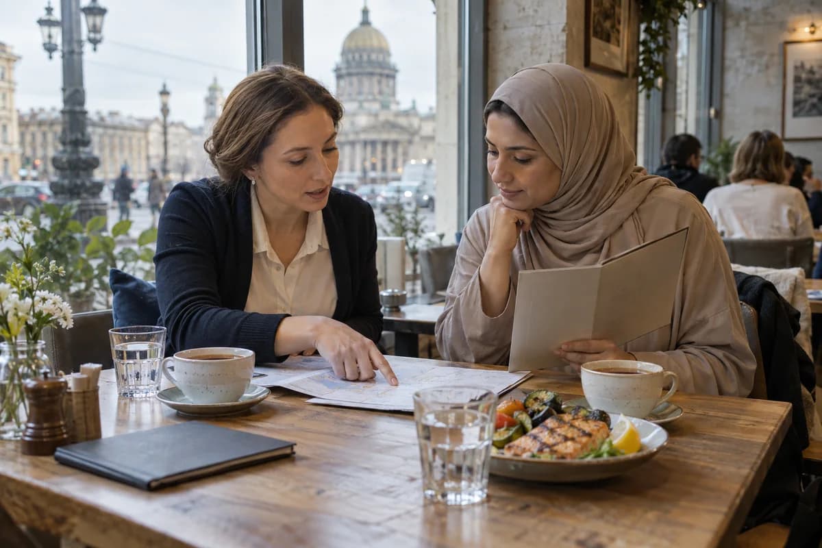 AI illustration: a guest and travel host discuss a day plan and menu at a cafe table.
