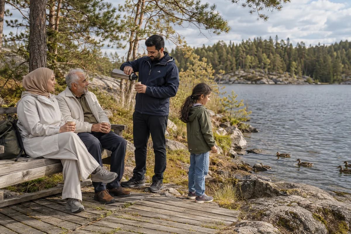 AI illustration: a family with a child and an older relative takes a break beside a forest lake.