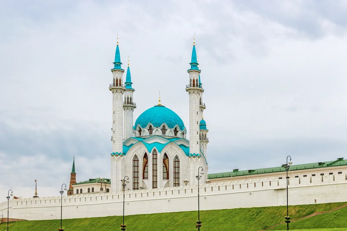 Turquoise domes and minarets of Qol Sharif Mosque in Kazan
